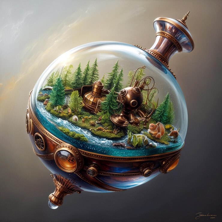 Trompo de vidrio inspirado en el steampunk que muestra un bullicioso ecosistema dentro de sus paredes transparentes
