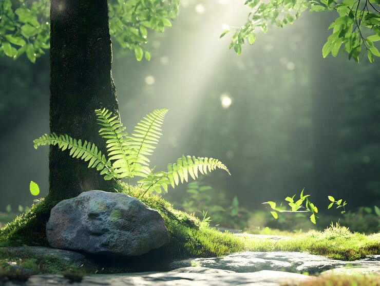 un tronco de árbol en el bosque con una roca en primer plano