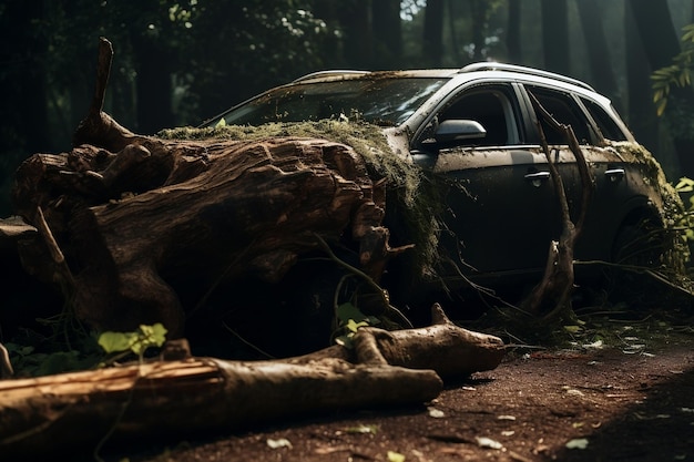 Tronco de árbol caído sobre un automóvil después del incidente del huracán Ai generativo