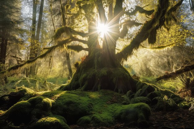 Tronco de árbol cubierto de musgo en la tala de bosques con el sol brillando a través del dosel