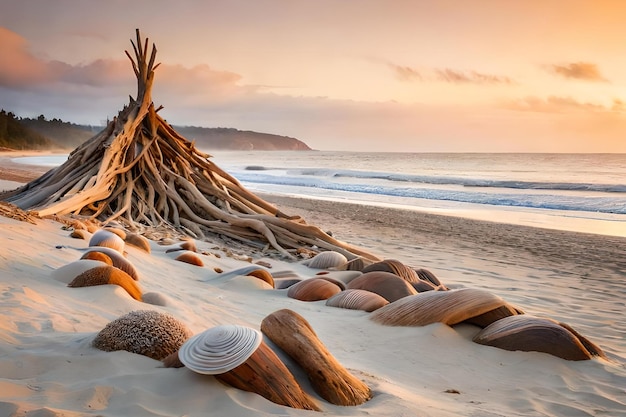 Un tronco de árbol está en la playa frente a una puesta de sol.