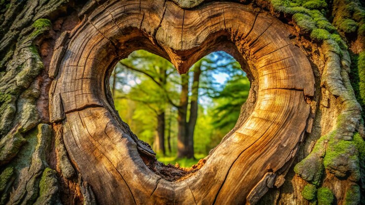 un tronco de árbol en forma de corazón con un corazón en el medio