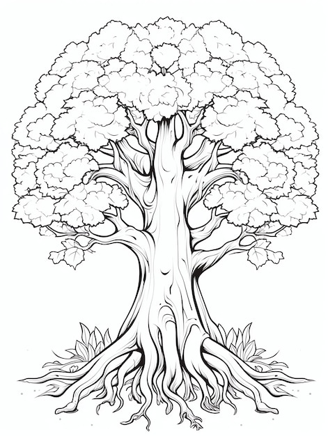 Un tronco de árbol con hojas que caen mágica caída de otoño página de libro de colorear en blanco y negro para y