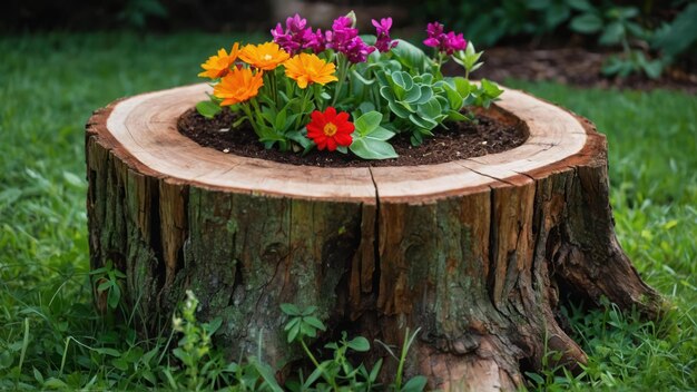 Un tronco de árbol hueco sirve como una plantación improvisada llena de flores de colores