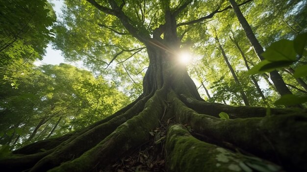 Tronco de árbol iluminado por el sol y hojas