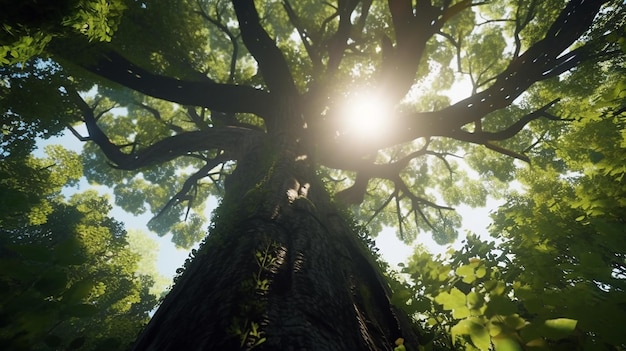 Tronco de árbol iluminado por el sol y hojas