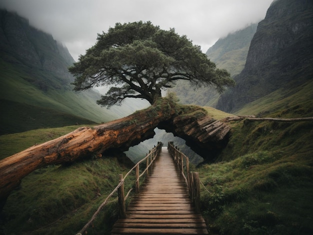 Un tronco de árbol masivo que actúa como un puente entre dos montañas