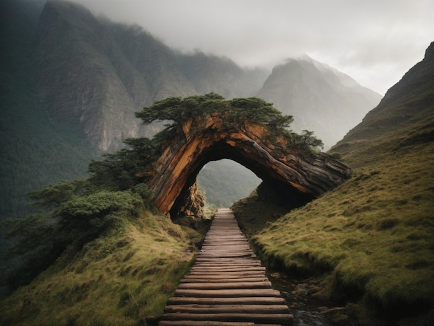 Un tronco de árbol masivo que actúa como un puente entre dos montañas