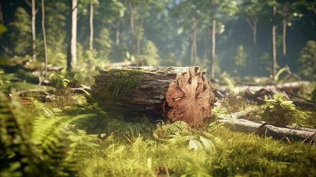 Un tronco en el bosque con un tronco de árbol en primer plano generativo ai