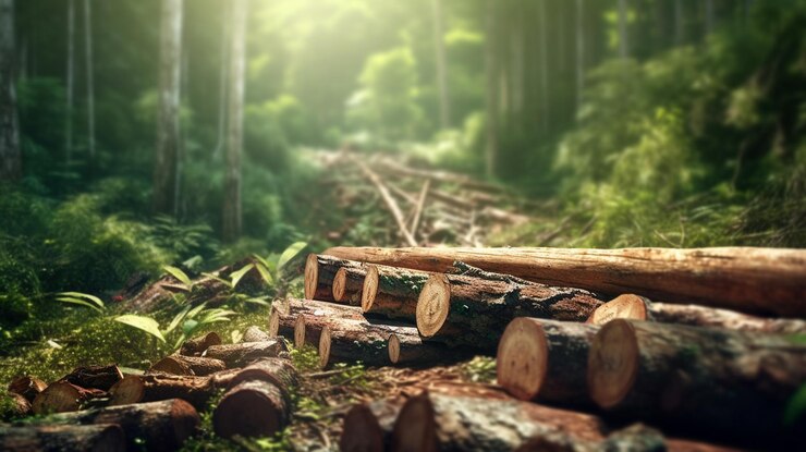 Un tronco en el bosque con un tronco de árbol en primer plano generativo ai