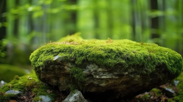 un tronco cubierto de musgo en un bosque con un fondo verde.