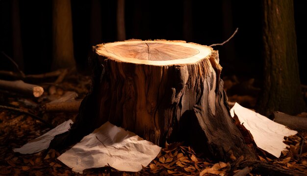 tronco de uma árvore cortada em uma floresta cercado por folhas de papel uso indevido do conceito de papel