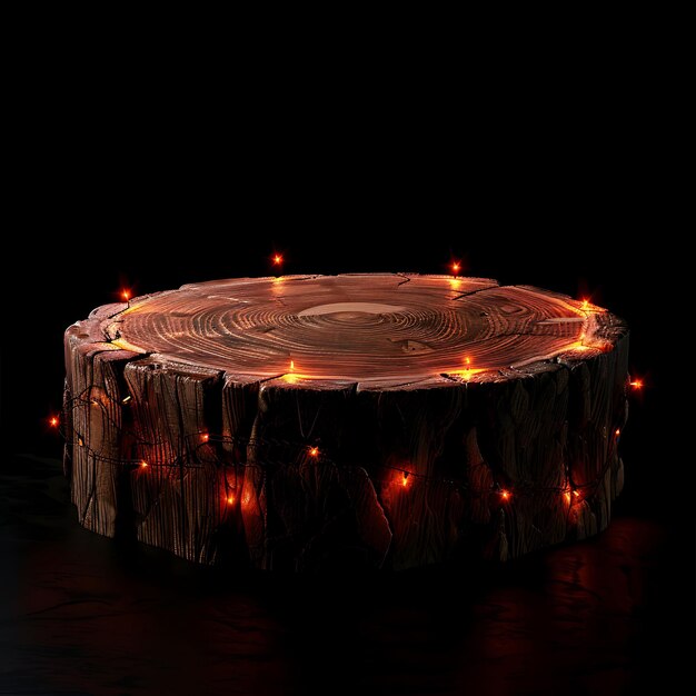 un tronco de madera redondo con luces anaranjadas a su alrededor y un círculo de luces naranjas a su alrededor