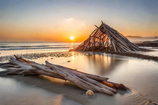 Un tronco en la playa al atardecer.