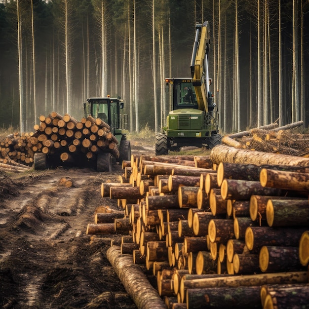 Troncos de abeto de madeira pilhas árvores serradas da floresta madeira de madeira indústria de madeira generativa Ai