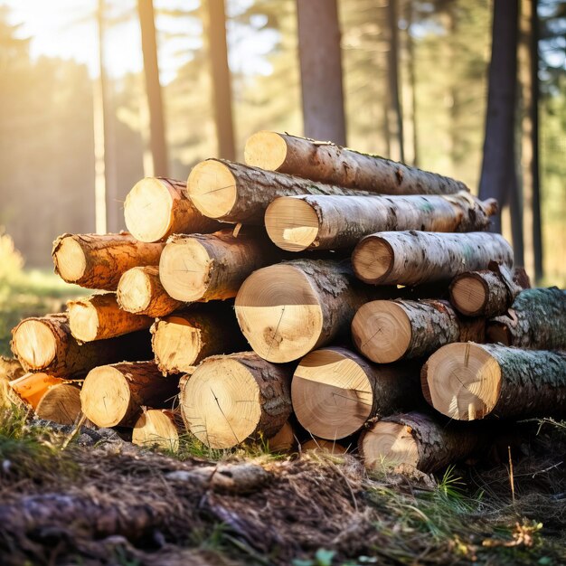 Troncos de árvores derrubados e serrados empilhados nos arredores da floresta O conceito de golpe florestal