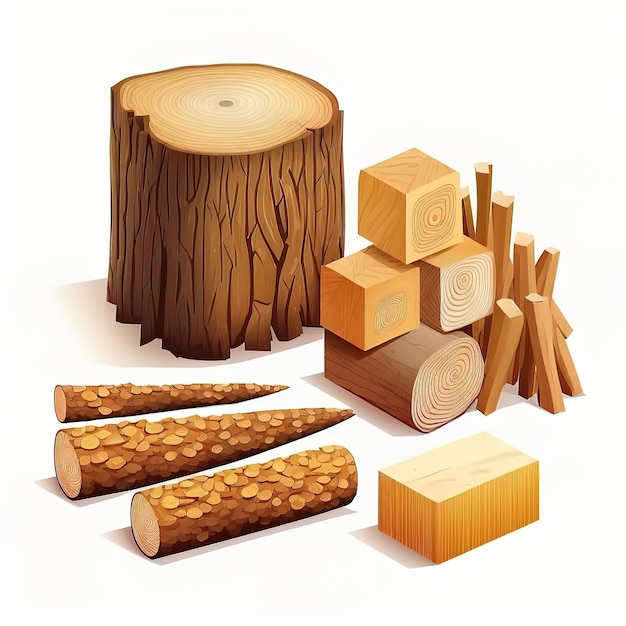 Troncos de madera de madera de árbol talando ramitas y tablones de madera apilados material de leña aislado en un blanco