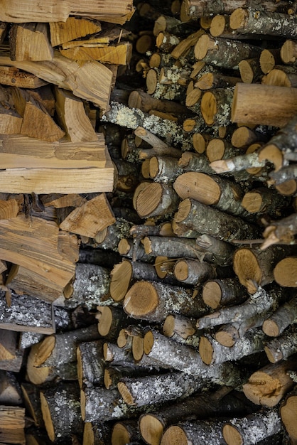 Troncos de madera secándose en el cobertizo de la granja