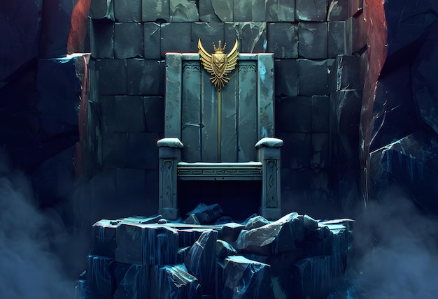 Un trono con una corona dorada en un fondo oscuro