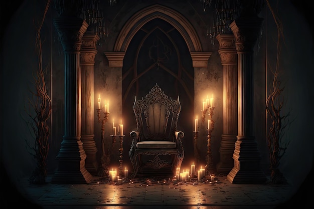 Trono de cuento de hadas en castillo oscuro con velas creadas con ai generativo