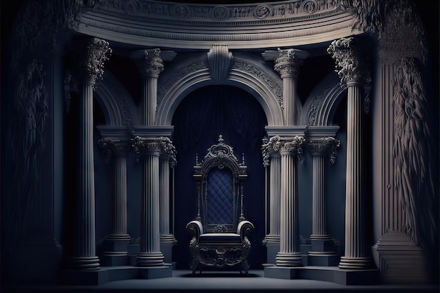 Trono e colunas elegantes em belo palácio de fantasia na escuridão criado com ai generativo
