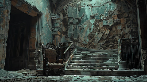 Foto un trono olvidado se sienta en una sala en ruinas la gran escalera está ahora cubierta de escombros y las paredes están agrietadas y desmoronándose