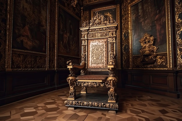 Trono real vacío en el oscuro salón del castillo Trono medieval de fantasía para el rey IA generativa