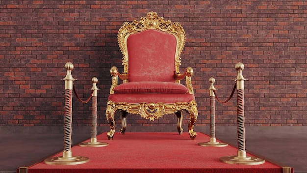 Trono de los reyes sobre fondo de pared de ladrillos Trono VIP Trono real rojo 3d render