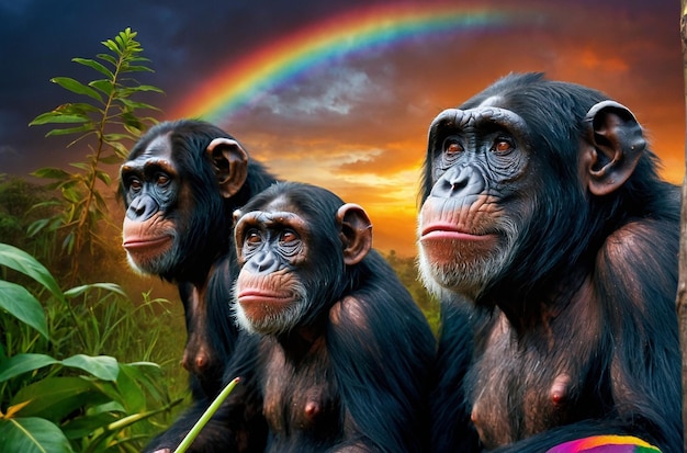 Tropa de chimpancés con el cielo arco iris