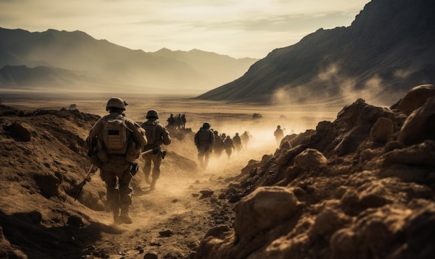 Tropa de soldados totalmente equipada caminando entre las rocas en el desierto Escuadrón militar en el paisaje polvoriento IA generativa