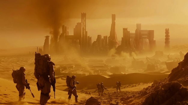 Tropas do deserto em uma viagem surreal passam por uma cidade sinistra engolida por uma tempestade de areia ao pôr-do-sol