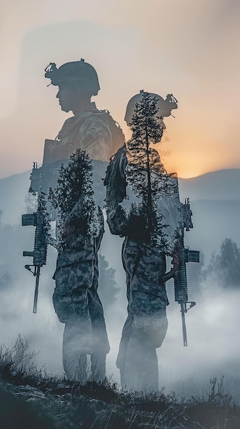 tropas do exército em patrulha com armas durante um conflito foto de dupla exposição de veteranos durante um conflito