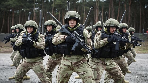 Foto tropas de las fuerzas especiales con armas y bastones