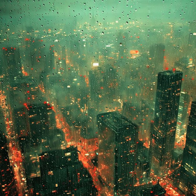 Foto tropfen auf glas an einem regnerischen bewölkten tag blick auf die stadt aus dem fenster generative ki