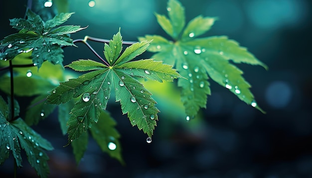 Tropfen aus reinem, transparentem Wasser auf den Blättern. Sonnenblendung in einem Tropfenbild in Grüntönen, Frühling und Sommer
