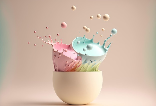 Tropfen Milch über einer Tasse Spritzer Milchshake dicke flüssige Creme bunte Bälle Abstrakter pastellfarbener Hintergrund 3D-Rendering AI generiert