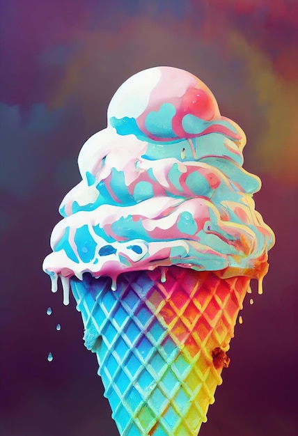 Tropftropfendes Farbeis Eis in Waffelkegel Konzeptkunst Digitale Malerei Fantasieillustration