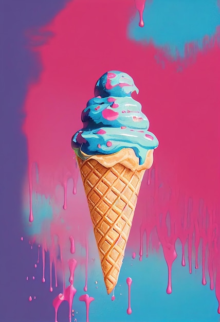 Tropftropfendes Farbeis Eis in Waffelkegel Konzeptkunst Digitale Malerei Fantasieillustration