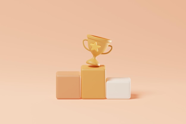 Trophäe oben auf dem Podium oder auf dem Hintergrund stehen. Gewinner, geschäftlicher Erfolg, Sport-Champion-Konzept, 3D-Rendering