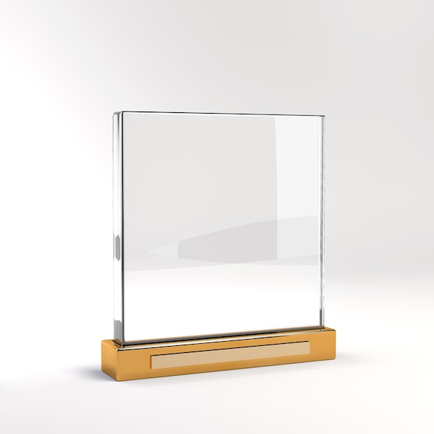 Trophäenprodukt mit goldenem Metallsockel, Standmodell, leeres Glas, 3D-Rendering