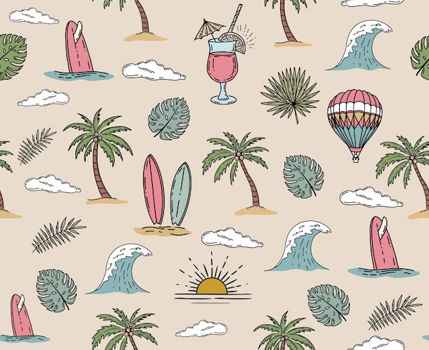 Tropical Beach Scene with Surfboards Palm Trees and Waves