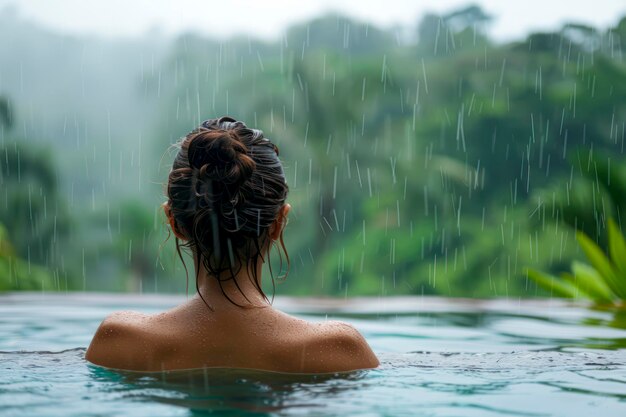 Tropical Bliss Woman erfreut sich an einer warmen Regenschüssel im Infinity-Pool mit Dschungelblick