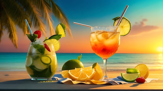 Tropical Morning Vibes Mojito-Glas mit Strohschirm und speziell geformtem Eis am Inselstrand