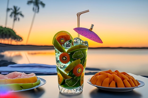 Tropical Morning Vibes Mojito Glass con sombrilla de paja y hielo de forma especial en Island Beach