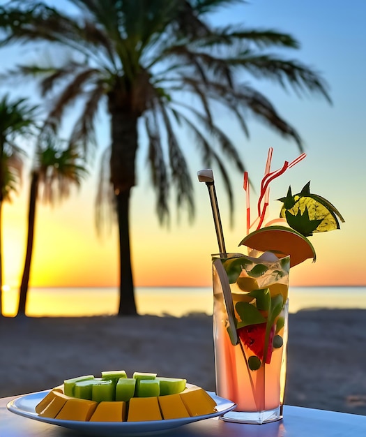 Tropical Morning Vibes Mojito Glass con sombrilla de paja y hielo de forma especial en Island Beach