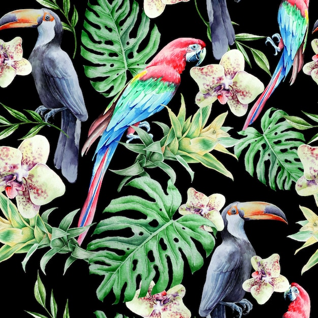 Tropical de patrones sin fisuras con hojas de pájaros y flores. Loro. Tucan. Monstera. Orquídea. Bromelia. Ilustración de acuarela. Dibujado a mano.