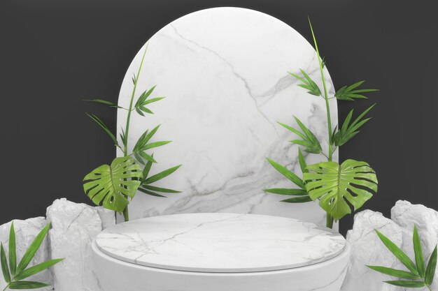 Tropical Podium preto mínimo geométrico e decoração japonesa de bambu. Renderização 3D