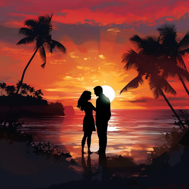 Tropical Sunset Romance 3D Silhueta de um casal apaixonado