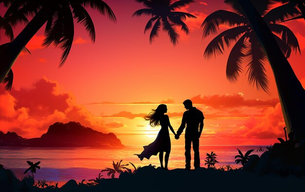 Tropical Sunset Romance 3D Silhueta de um casal apaixonado