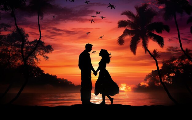 Tropical Sunset Romance 3D silueta de una pareja enamorada